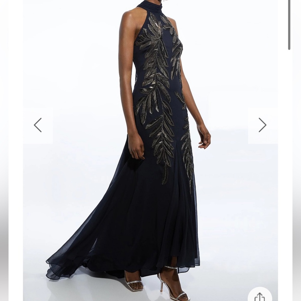 Karen Millen Petite Halter Neck Feather Sequin Detail Woven Maxi Dress